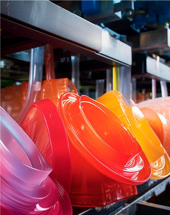 Industrial manufacturing line with colored plastic components — MEG applications