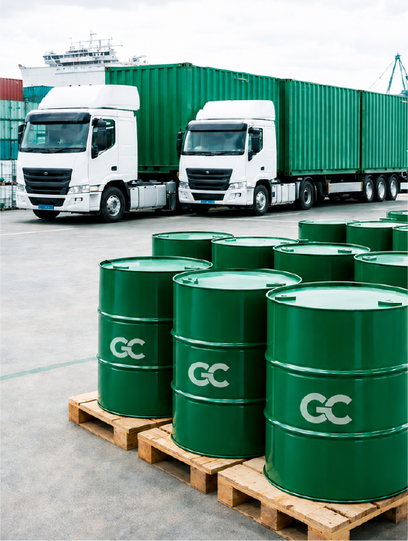 GreenChem MEG bulk drums and logistics at an industrial shipping yard